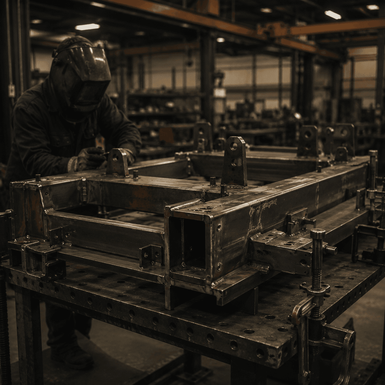 Fabricated steel weldment frame being prepared in industrial fabrication department