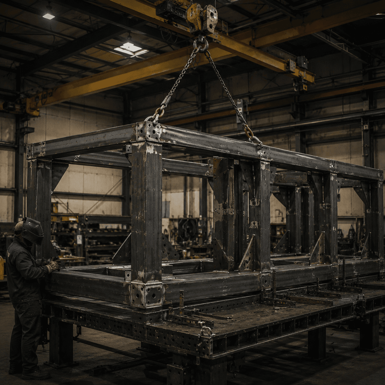 Large structural steel frame fabrication with overhead crane support