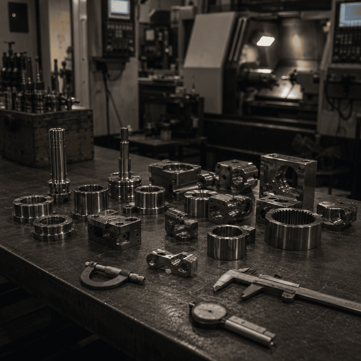Precision machined metal parts arranged for inspection