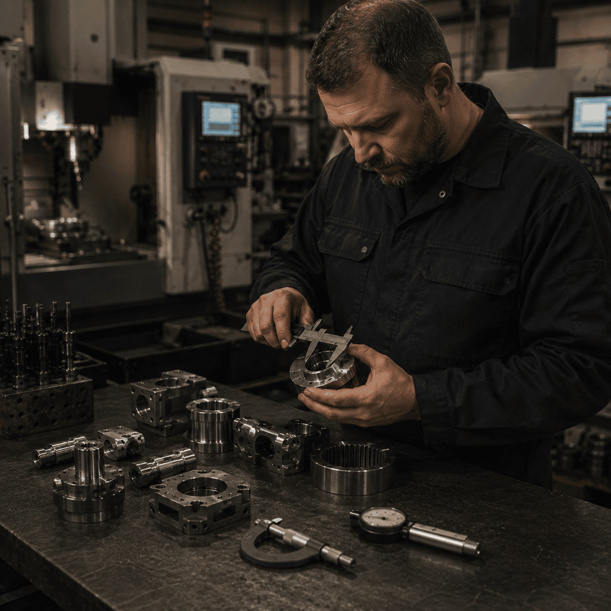 CNC operator inspecting a machined part with precision measurement tools